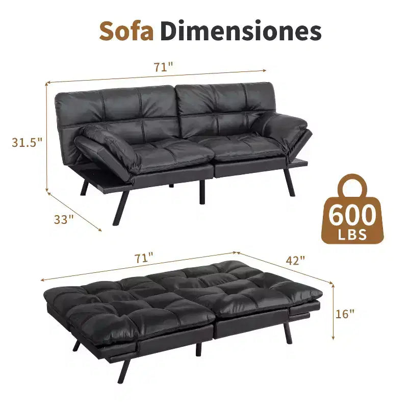 Dyonery 71 Faux Leather Convertible Futon Sofa Bed with Adjustable Backrest & Armrests, Comfy Loveseat Sleeper Couch for Compact Spaces