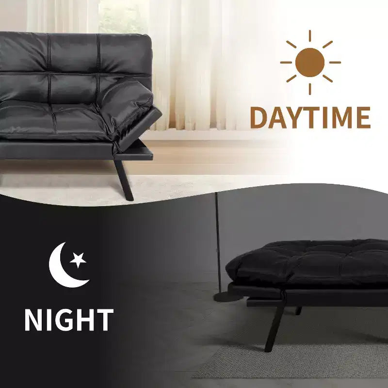 Dyonery 71 Faux Leather Convertible Futon Sofa Bed with Adjustable Backrest & Armrests, Comfy Loveseat Sleeper Couch for Compact Spaces