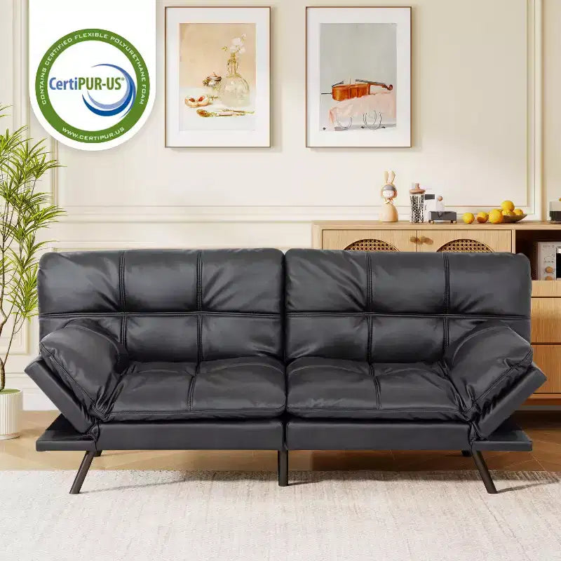 Dyonery 71 Faux Leather Convertible Futon Sofa Bed with Adjustable Backrest & Armrests, Comfy Loveseat Sleeper Couch for Compact Spaces