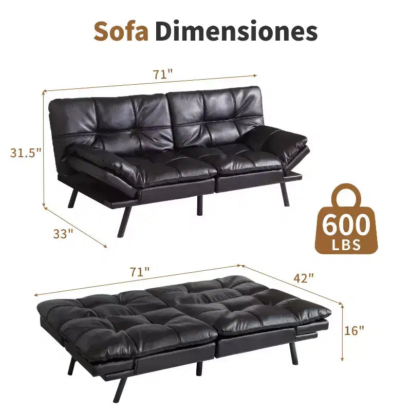 Dyonery 71 Faux Leather Convertible Futon Sofa Bed with Adjustable Backrest & Armrests, Comfy Loveseat Sleeper Couch for Compact Spaces