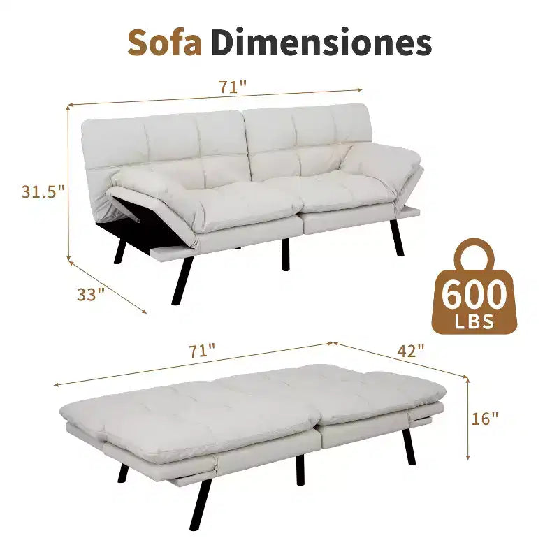 Dyonery 71 Faux Leather Convertible Futon Sofa Bed with Adjustable Backrest & Armrests, Comfy Loveseat Sleeper Couch for Compact Spaces