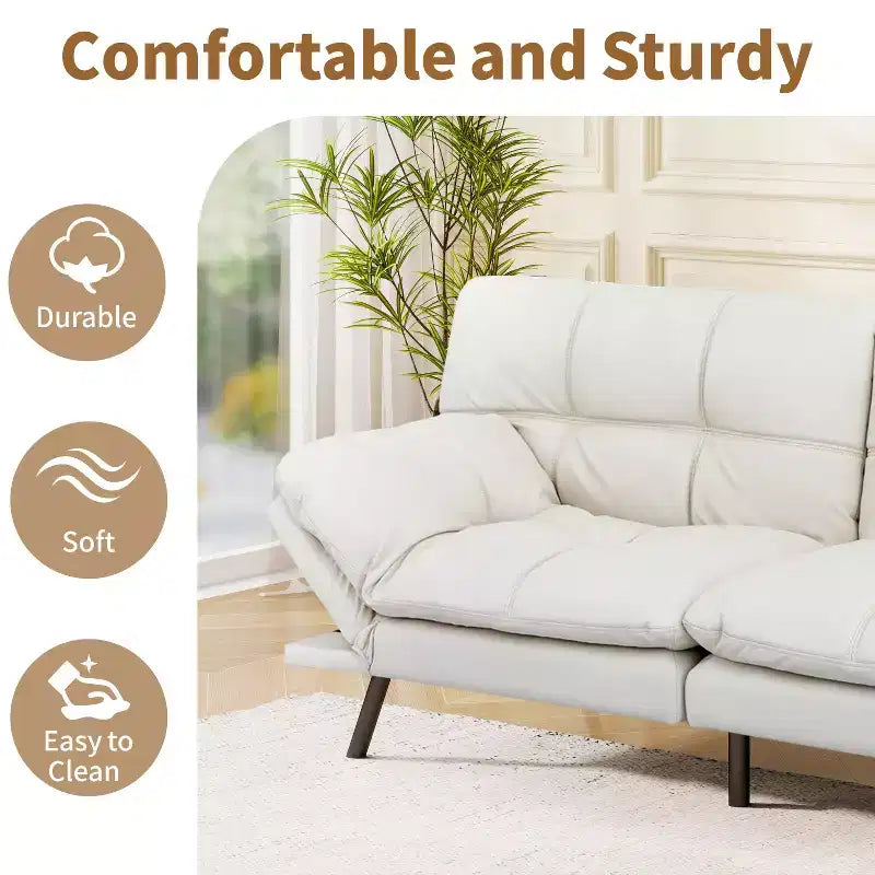 Dyonery 71 Faux Leather Convertible Futon Sofa Bed with Adjustable Backrest & Armrests, Comfy Loveseat Sleeper Couch for Compact Spaces