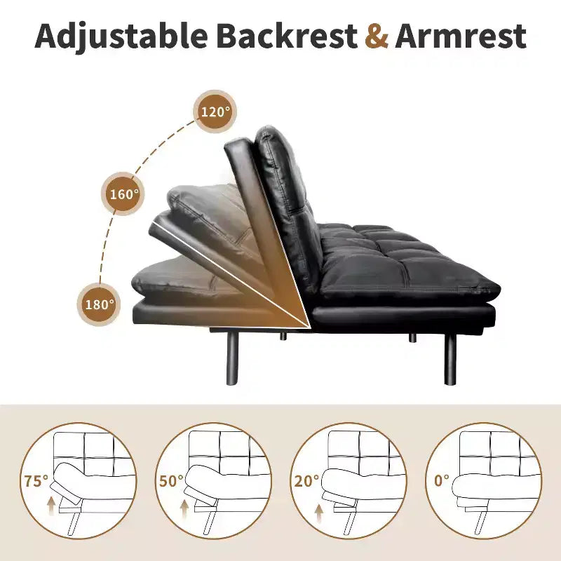 Dyonery 71 Faux Leather Convertible Futon Sofa Bed with Adjustable Backrest & Armrests, Comfy Loveseat Sleeper Couch for Compact Spaces