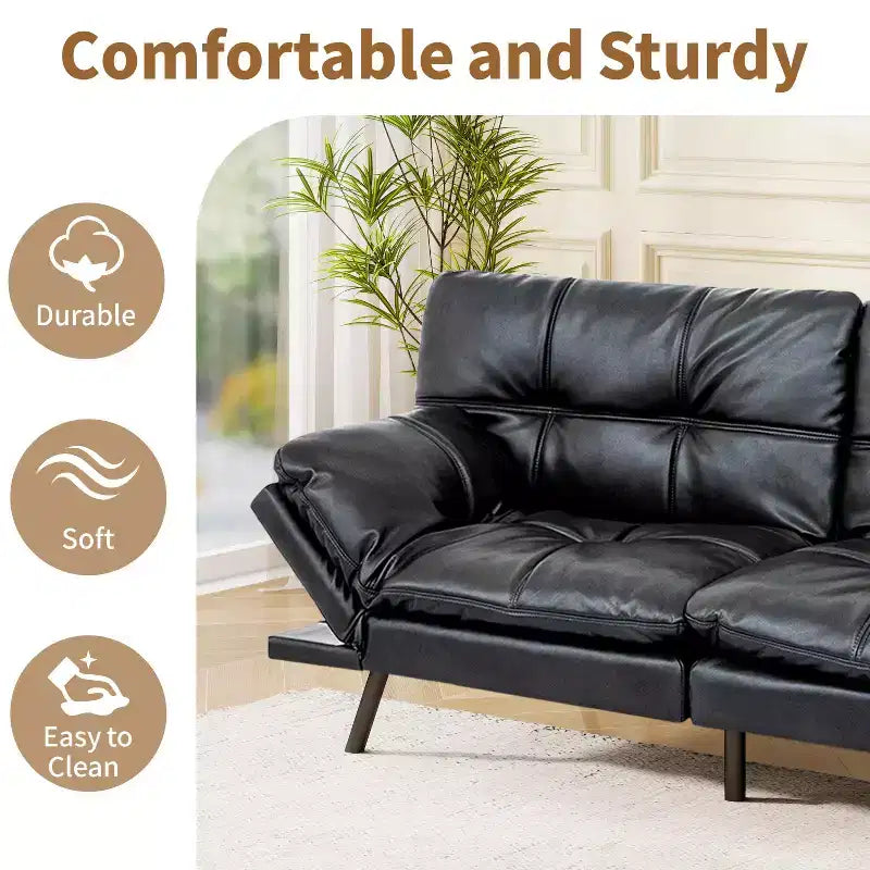 Dyonery 71 Faux Leather Convertible Futon Sofa Bed with Adjustable Backrest & Armrests, Comfy Loveseat Sleeper Couch for Compact Spaces