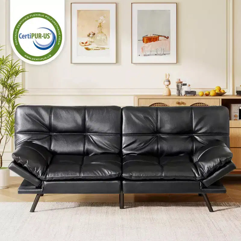 Dyonery 71 Faux Leather Convertible Futon Sofa Bed with Adjustable Backrest & Armrests, Comfy Loveseat Sleeper Couch for Compact Spaces