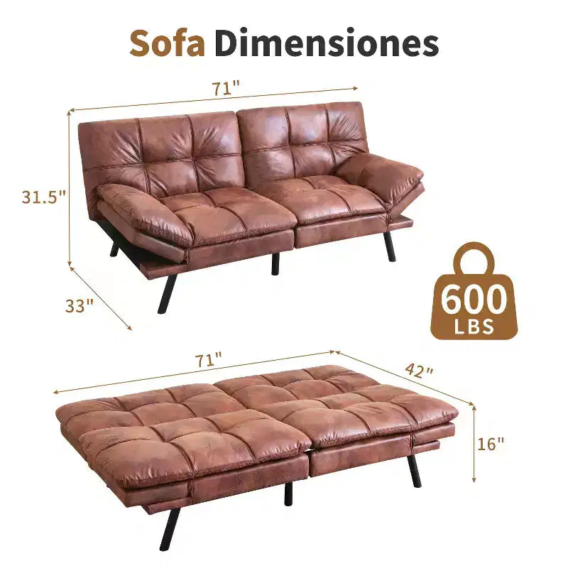 Dyonery 71 Faux Leather Convertible Futon Sofa Bed with Adjustable Backrest & Armrests, Comfy Loveseat Sleeper Couch for Compact Spaces