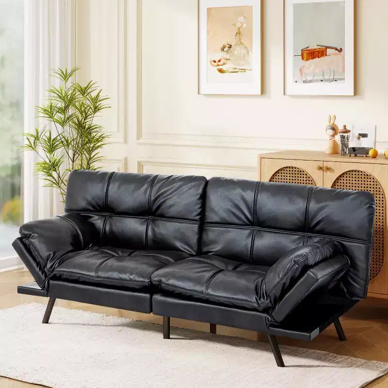 Dyonery 71 Faux Leather Convertible Futon Sofa Bed with Adjustable Backrest & Armrests, Comfy Loveseat Sleeper Couch for Compact Spaces