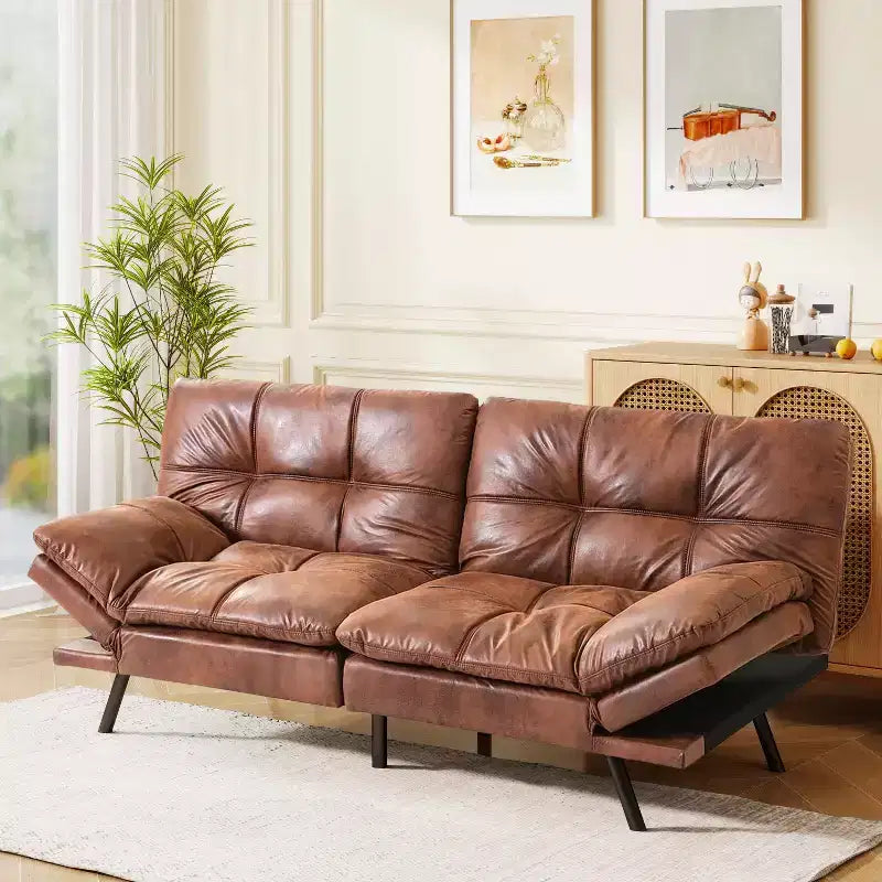 Dyonery 71 Faux Leather Convertible Futon Sofa Bed with Adjustable Backrest & Armrests, Comfy Loveseat Sleeper Couch for Compact Spaces