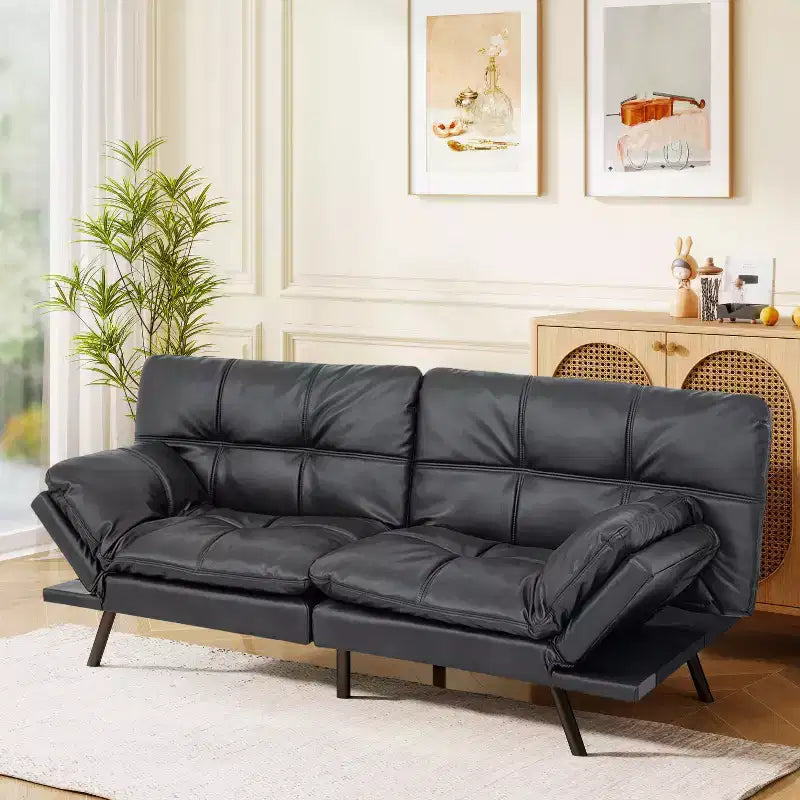 Dyonery 71 Faux Leather Convertible Futon Sofa Bed with Adjustable Backrest & Armrests, Comfy Loveseat Sleeper Couch for Compact Spaces