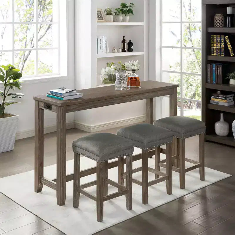 GDFStudio Wurtz 4-Piece Counter Height Dining Table Set with 3 Upholstered Stools, Nailhead Trim, USB Port