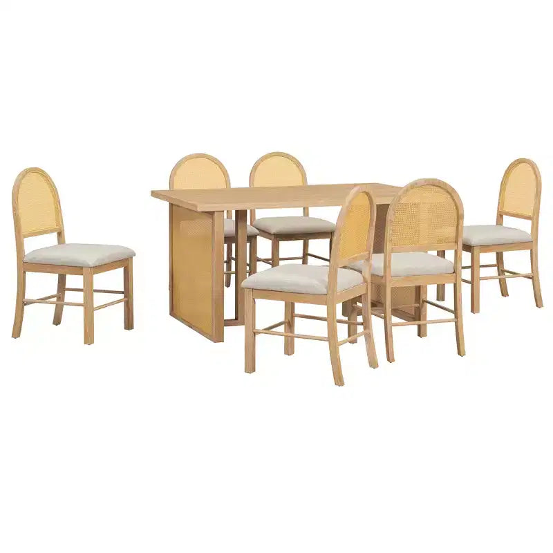 GDFStudio Rose 7 Piece Farmhouse Dining Table Set with 59.8 Rectangular Dining Table and Upholstered Rattan Chairs
