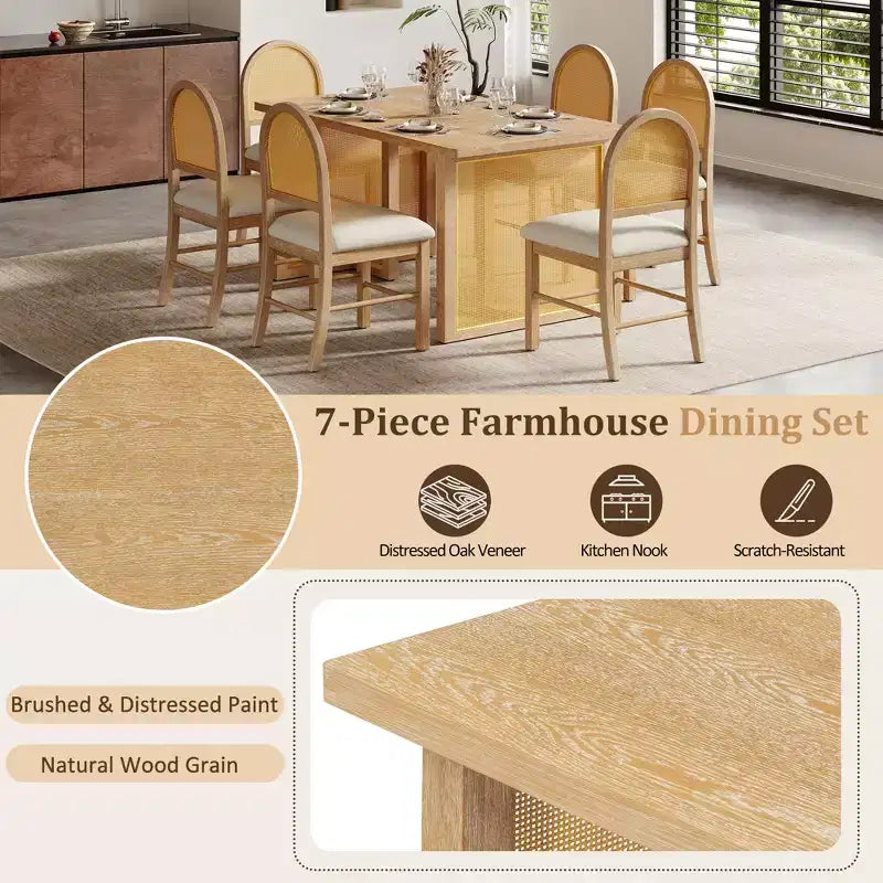 GDFStudio Rose 7 Piece Farmhouse Dining Table Set with 59.8 Rectangular Dining Table and Upholstered Rattan Chairs