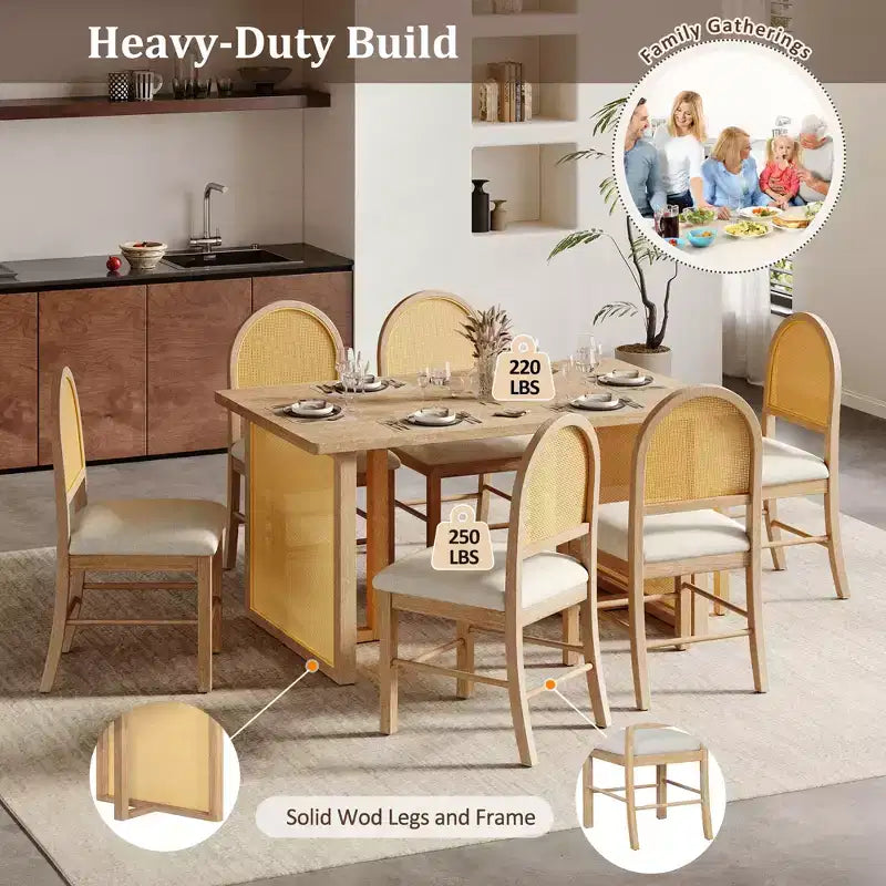 GDFStudio Rose 7 Piece Farmhouse Dining Table Set with 59.8 Rectangular Dining Table and Upholstered Rattan Chairs
