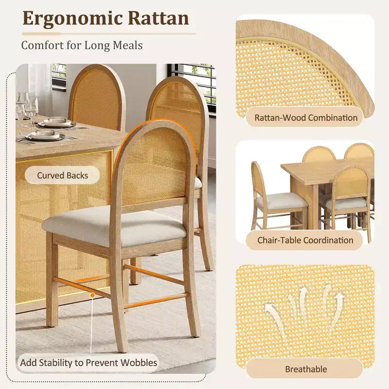 GDFStudio Rose 7 Piece Farmhouse Dining Table Set with 59.8 Rectangular Dining Table and Upholstered Rattan Chairs