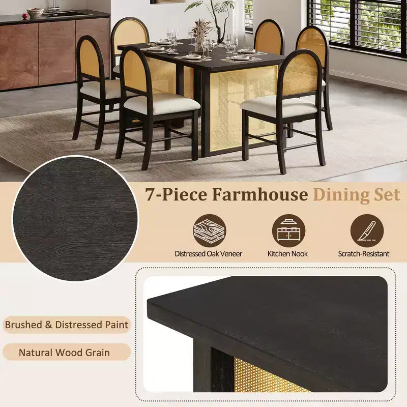 GDFStudio Rose 7 Piece Farmhouse Dining Table Set with 59.8 Rectangular Dining Table and Upholstered Rattan Chairs