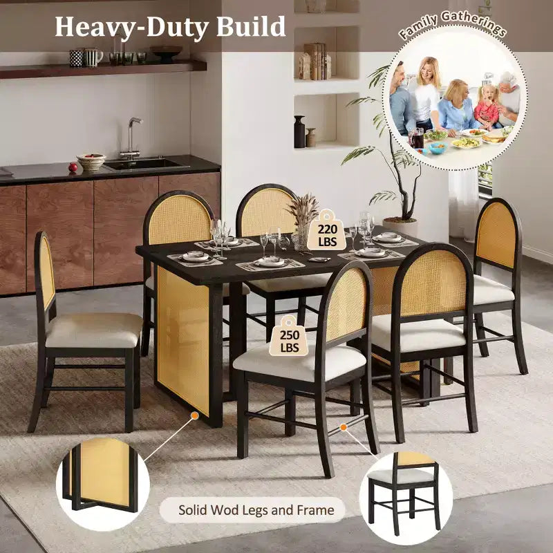 GDFStudio Rose 7 Piece Farmhouse Dining Table Set with 59.8 Rectangular Dining Table and Upholstered Rattan Chairs