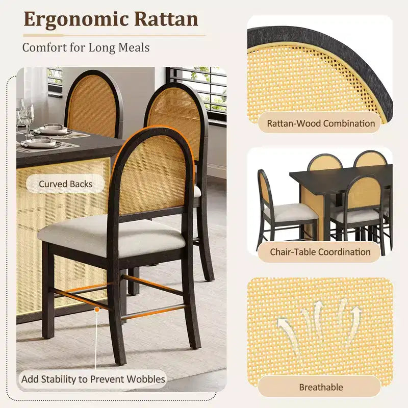 GDFStudio Rose 7 Piece Farmhouse Dining Table Set with 59.8 Rectangular Dining Table and Upholstered Rattan Chairs
