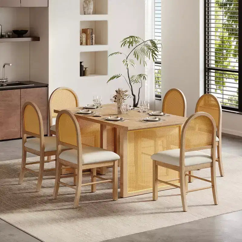 GDFStudio Rose 7 Piece Farmhouse Dining Table Set with 59.8 Rectangular Dining Table and Upholstered Rattan Chairs