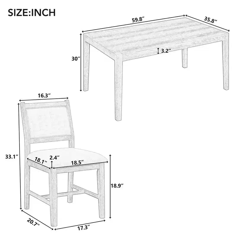 Homy Casa 7-Piece Wooden Dining Table Set with 6 Upholstered Chairs, Natural Finish
