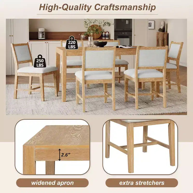 Homy Casa 7-Piece Wooden Dining Table Set with 6 Upholstered Chairs, Natural Finish