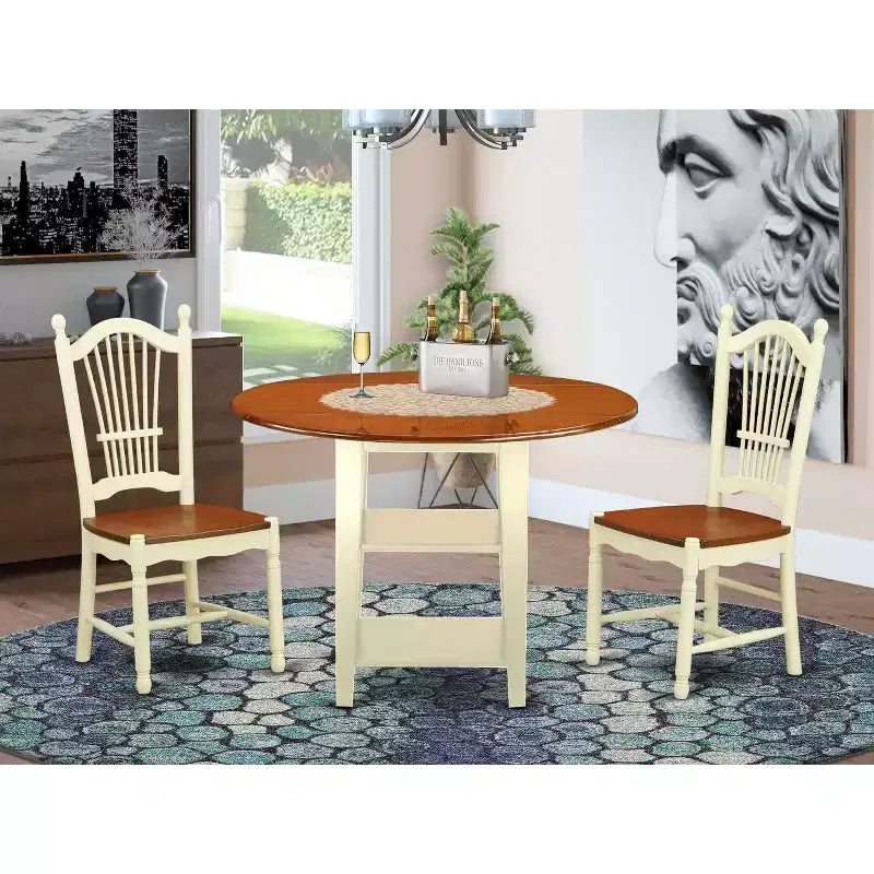 HomeStock 3-Piece Buttermilk and Cherry Finish Round Solid Wood Top Dining Table Set