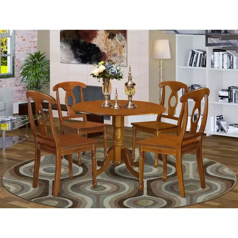 Coastal Dining Table Set - 5 Piece Kitchen Dinette Set - Round Table with Chairs - Saddle Brown Finish