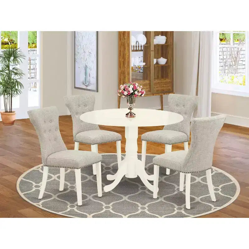 HomeStock 5-Piece Round Buttermilk & Cherry Finish Solid Wood Top Dining Table with 4 Parson Chair