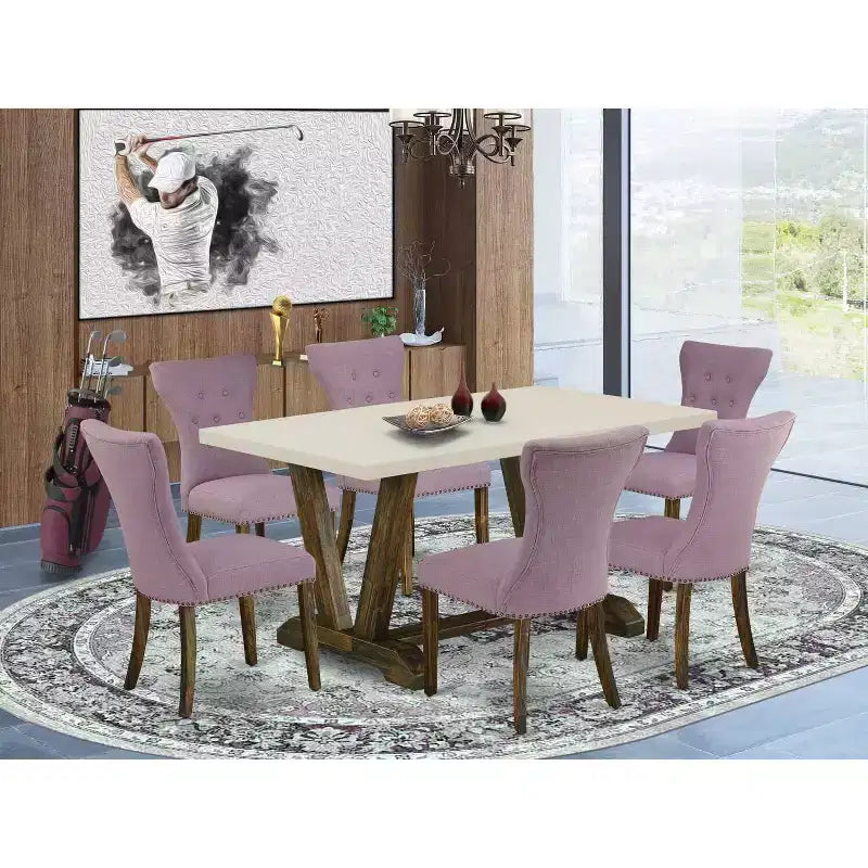 HomeStock 7-Piece Multi-Color Solid Wood Top-Rectangular Button Tufted Upholstered Dining Room Set-Seats 4