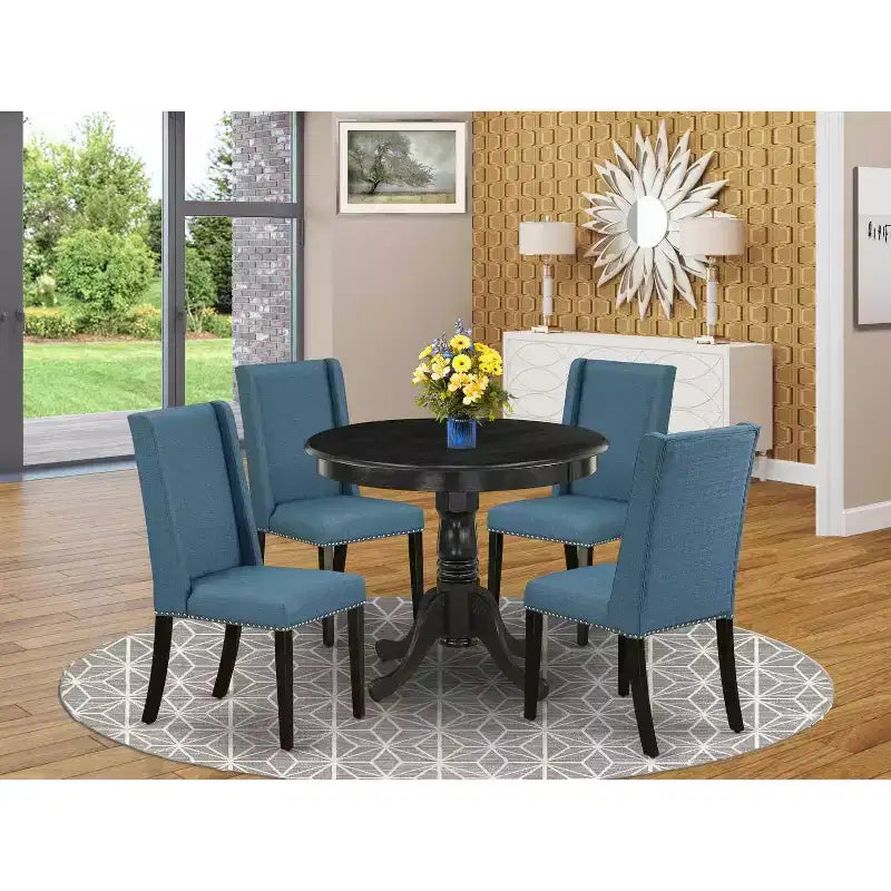 HomeStock 5-Piece Round Wirebrushed Black Finish Solid Wood Top Dining table with 4-Chairs
