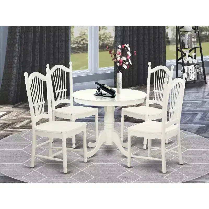 Round Dining Table Set - 5 Piece Kitchen Table with Chairs, Antique Linen White Finish, 36 Inch Table