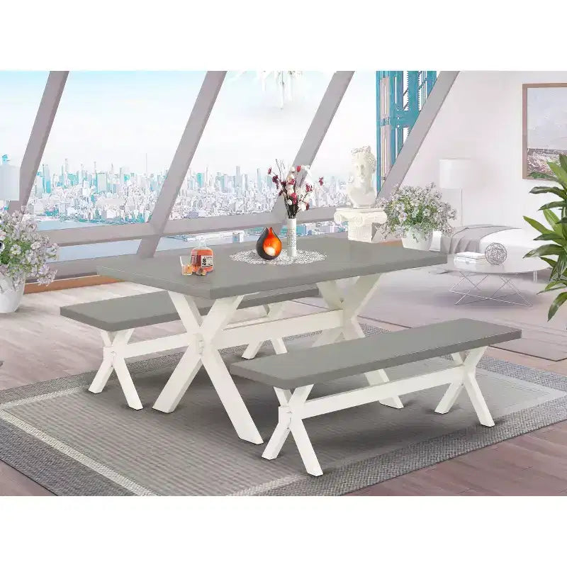HomeStock 3-Piece Rectangle Natural Oak Finish Solid Wood Top Dining Table with 2-Benches