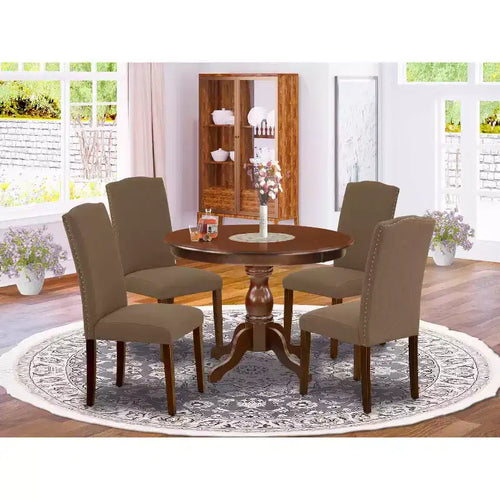 5-Piece Mahogany Finish Solid Wood Top Dining table with 4 Chairs with