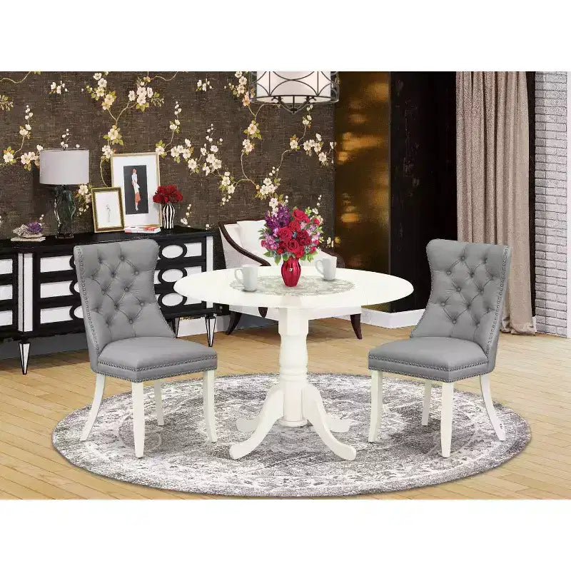 3-Piece Linen white Solid Wood Top-Round Upholstered Dining Room Set -Seats 4