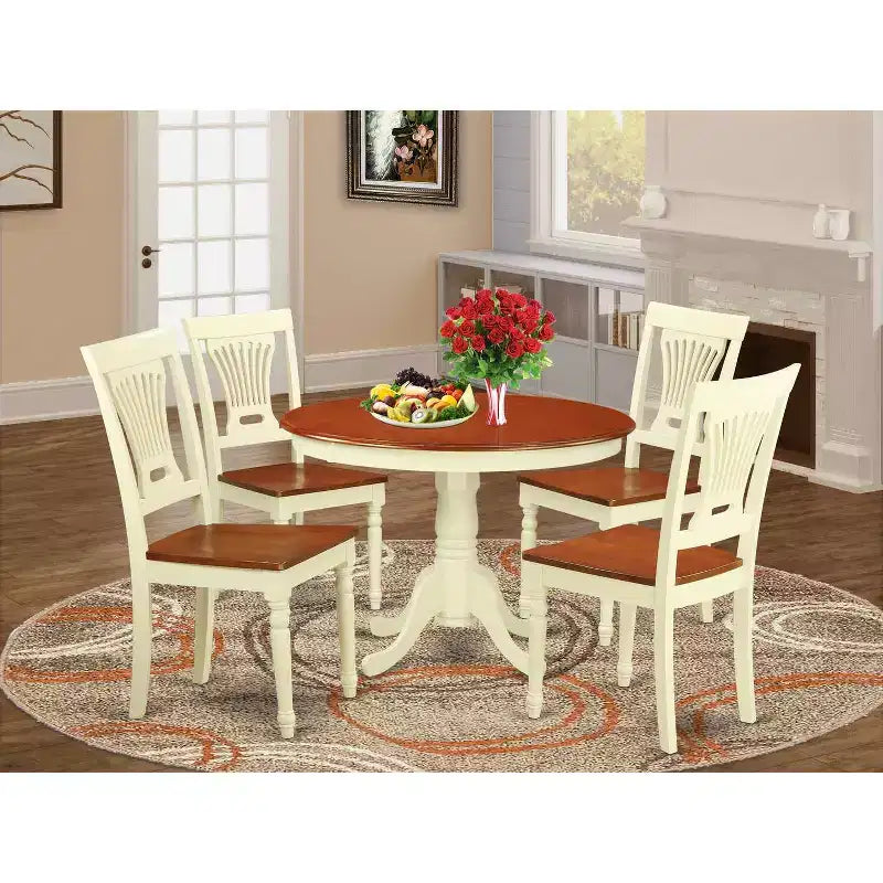 HomeStock 5-Piece Buttermilk and Cherry Finish Solid Wood Top Dining table with 4 Chairs