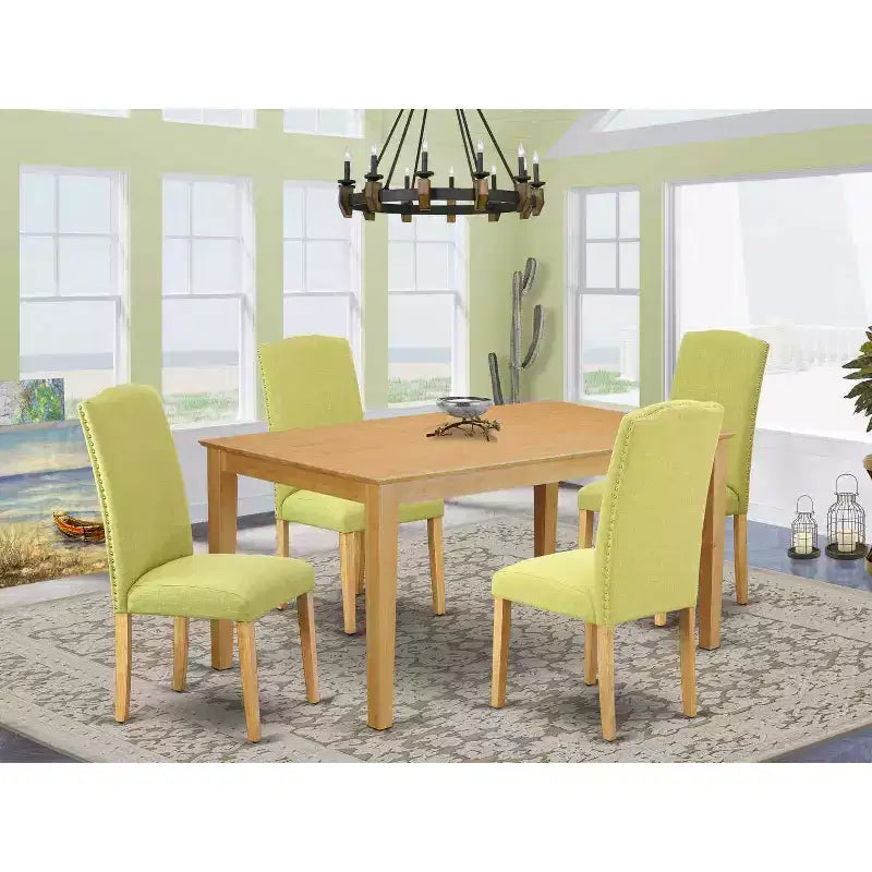Victorian Dining Set - 5Pc Rectangle Table & 4 Chairs - Vintage Linen Fabric - Oak Legs - 60 Table