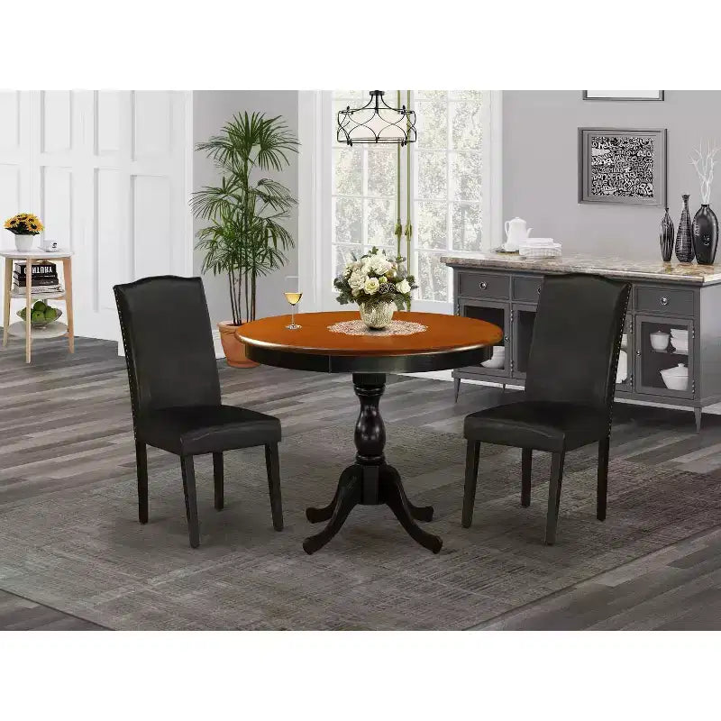 3-Piece Black and Cherry Finish Solid Wood Top - Dining Room Set with High Back - Seats-4