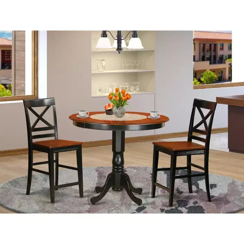 Counter Height Table Set - 3 Piece Kitchen Dining Set - 42 Inch Round Table & 2 Chairs - Black Cherry Finish