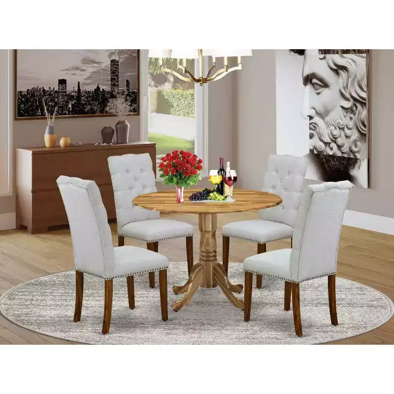 HomeStock 5-Piece Round Natural Oak Finish Solid Wood Top Dining Table with 4 Parson Chair
