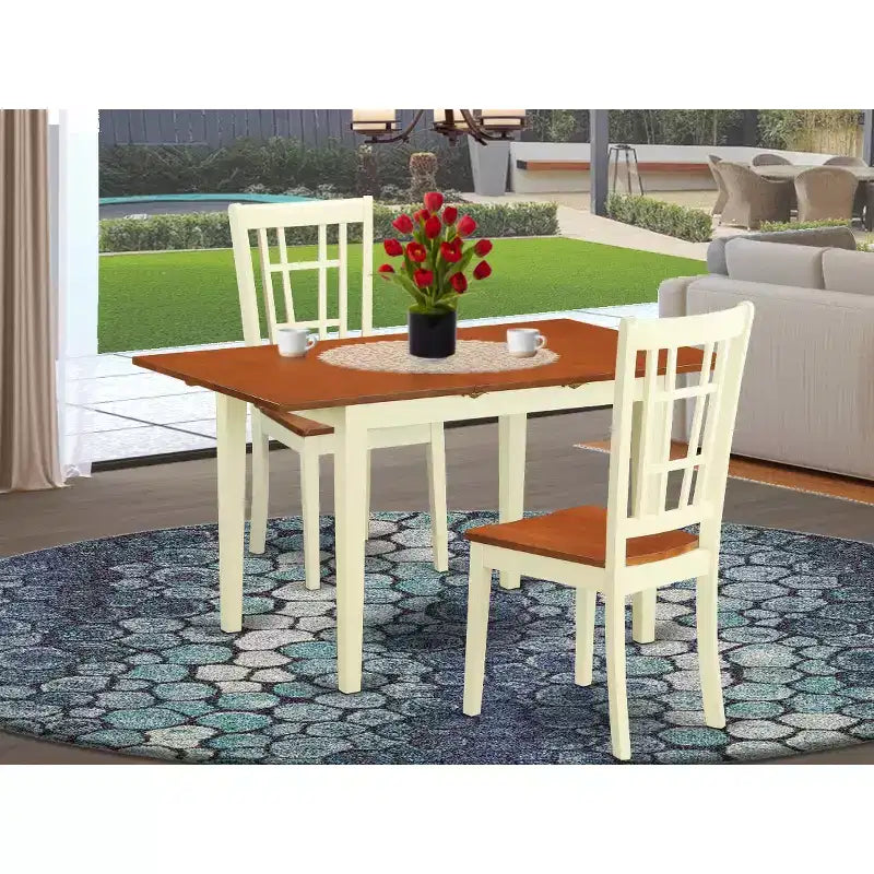 HomeStock 3-Piece Buttermilk and Cherry Finish Solid Wood Top Dining Table Set