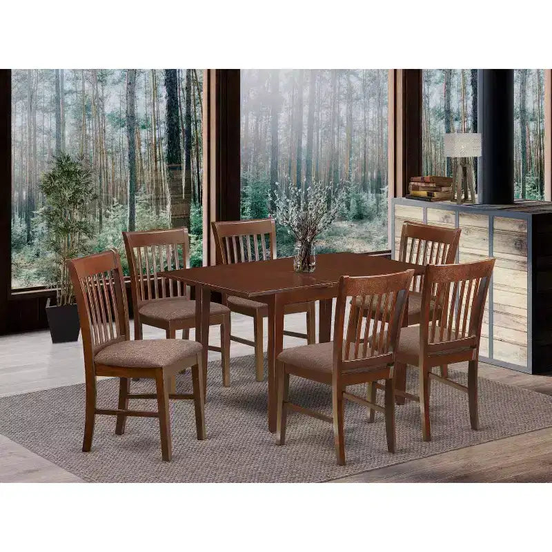 Antique Dining Room Set - 7 Piece Table & Chair Set - Rectangle Wood Table with Leaf & Linen Chairs
