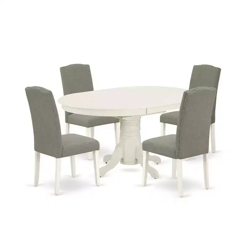 HomeStock 5-Pc Oval Linen White Finish Solid Wood Top Dining Table with 4 Parson Chair with Butterfly Leaf