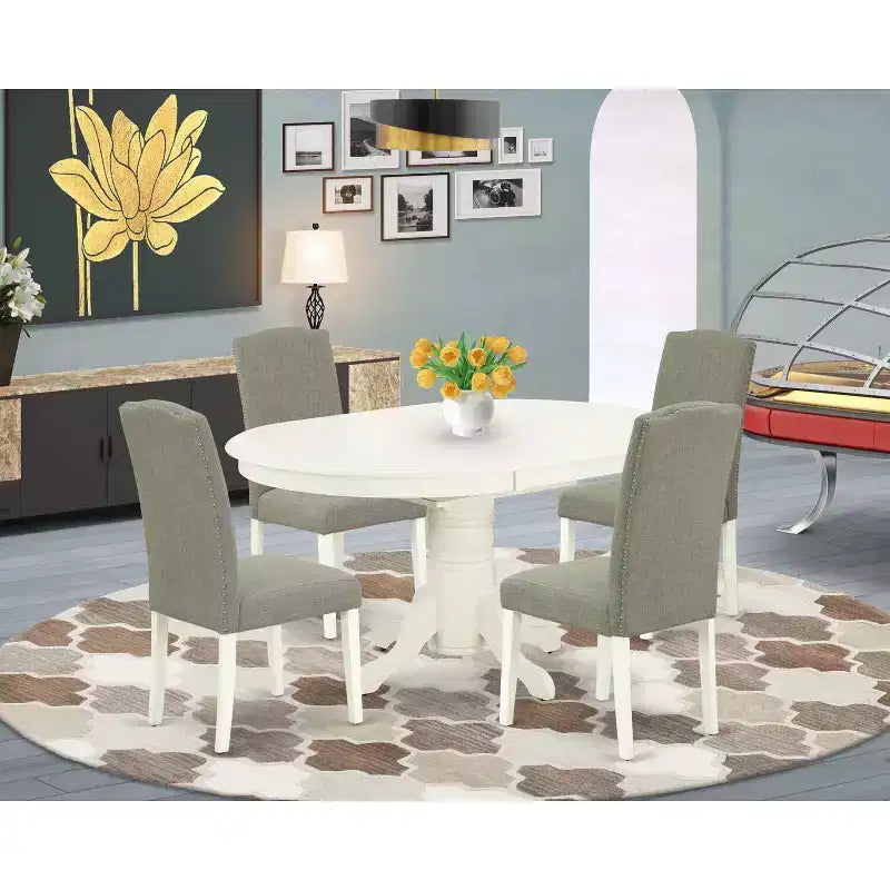 HomeStock 5-Pc Oval Linen White Finish Solid Wood Top Dining Table with 4 Parson Chair with Butterfly Leaf