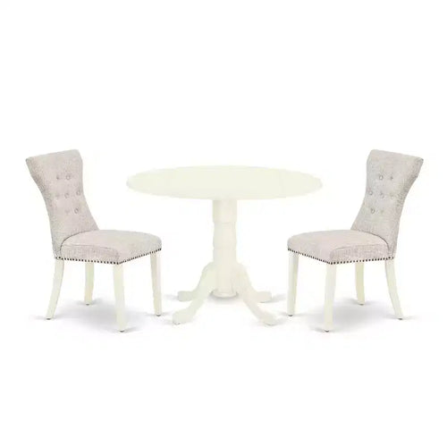 3-Piece Linen white Solid Wood Top - Round Dining Room Set - Seats 4
