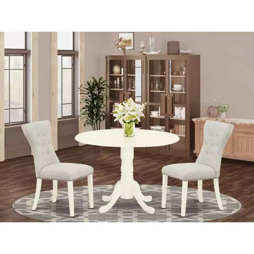 3-Piece Linen white Solid Wood Top - Round Dining Room Set - Seats 4