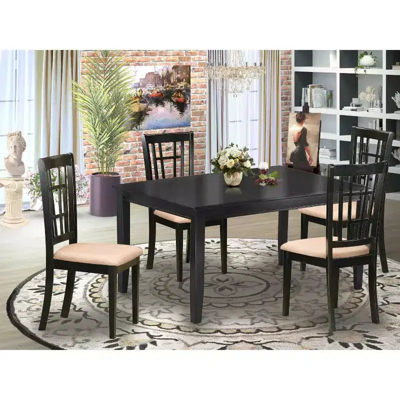 HomeStock 5-Piece Rectangle Black Finish Solid Wood Top Dining Table with 4-Chairs
