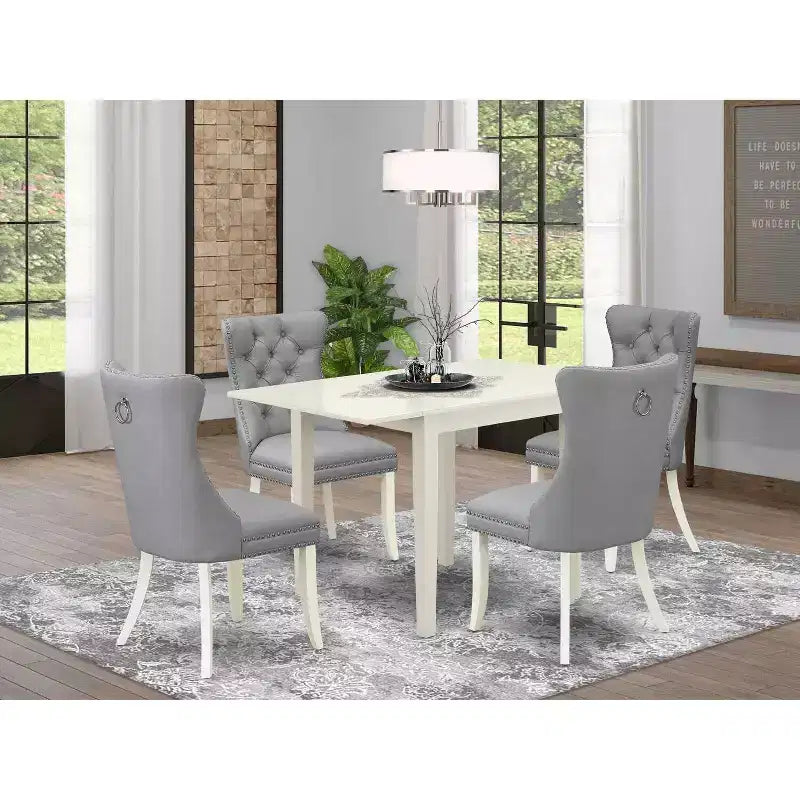 5-Piece Linen White Finish Solid Wood Top - Rectangular Upholstered Dining Room Set - Seats 4