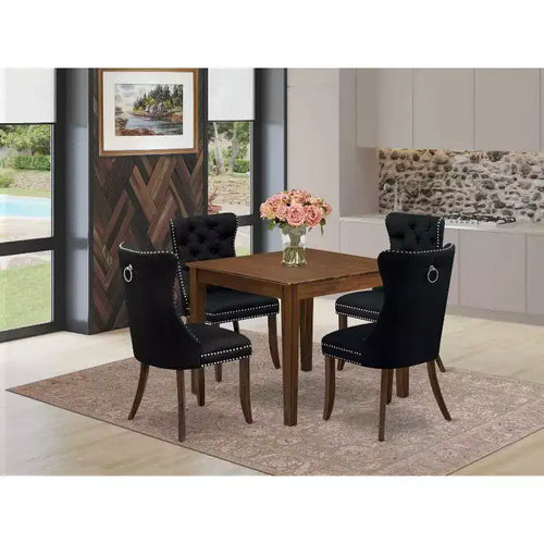 5-Piece Antique Walnut Finish Solid Wood Top - Square Upholstered Dining Room Set - Seats 4