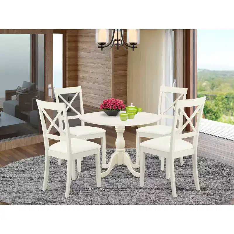 HomeStock 5-Piece Linen White Finish Solid Wood Top Dining table with 4-Chairs with Drop Leaf Lattice Back