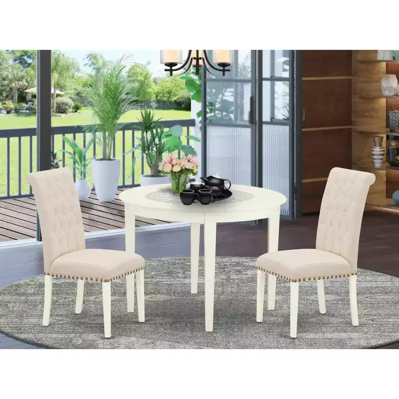 HomeStock 3-Piece White Finish Round Solid Wood Top Dining Table Set