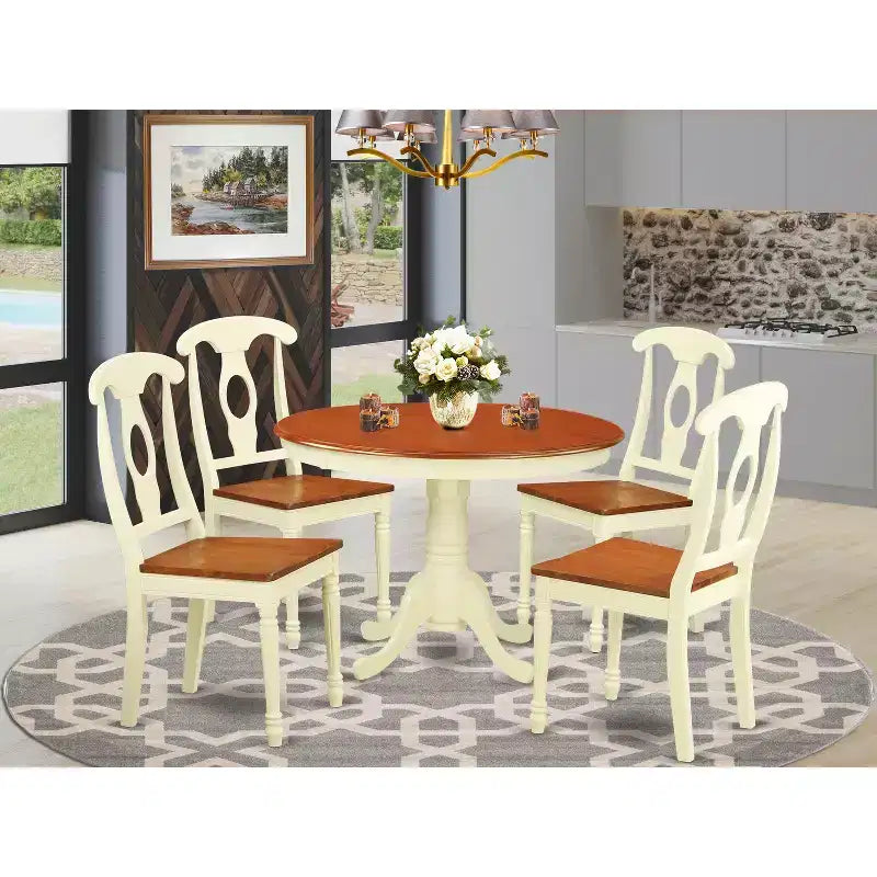 HomeStock 5-Piece Round Buttermilk and Cherry Finish Solid Wood Top Dining table with 4 Chairs